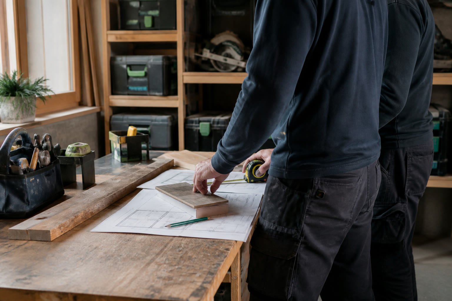 Zwei Handwerker besprechen ohne sichtbare Gesichter einen Arbeitsplan und Material